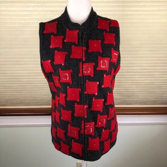 Susan Bristol 2001 Hand Embroidered Sequins Red & Gray Lambswool Front Zip Vest - Picture 1 of 15